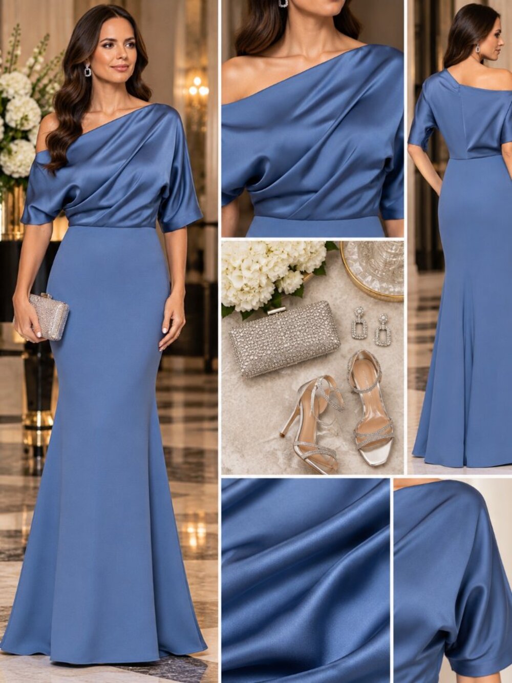 Betsy & Adam Slate Blue Draped Off Shoulder Formal Gown Size 10 NWT